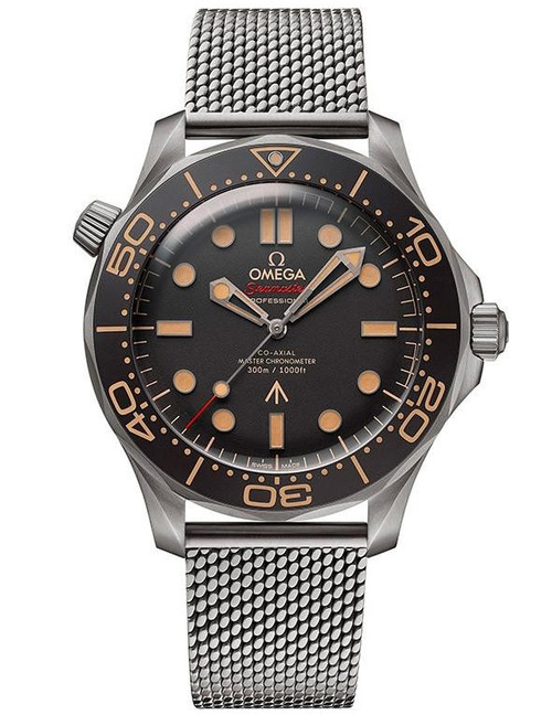 Omega Seamaster Diver 300M co-axial Master Chronometer 42 mm, close-up of the luxury stainless steel diving watch with black dial, orange accents, and mesh bracelet, showcasing its professional diving features and robust design.