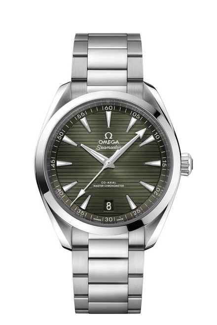 Omega Seamaster Aqua Terra 150M co-axial Master Chronometer 41 mm watch, stainless steel case and bracelet, green textured dial with silver-tone hands and hour markers, date display at 6 o'clock, detailed minute markers around the outer rim.