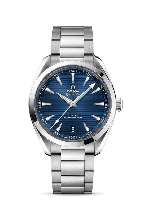 Omega Seamaster Aqua Terra 150M co-axial Master Chronometer 41 mm, stainless steel wristwatch with blue textured dial, date window at 6 o'clock, and stainless steel bracelet.