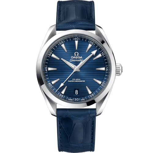 OMEGA Seamaster Aqua Terra 150M co-axial Master Chronometer 41 mm watch, stylish stainless steel case with blue dial and matching blue leather strap.