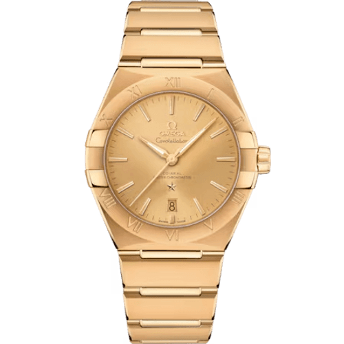 OMEGA Constellation co-axial Master Chronometer 39 mm watch, gold-tone with a round dial, Roman numeral and index hour markers, date display at 6 o'clock, and integrated gold bracelet.