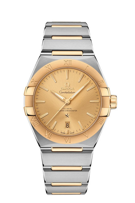 OMEGA Constellation Co-Axial Master Chronometer 39 mm watch, featuring a gold dial, two-tone stainless steel and gold bracelet, and a round bezel with Roman numerals.