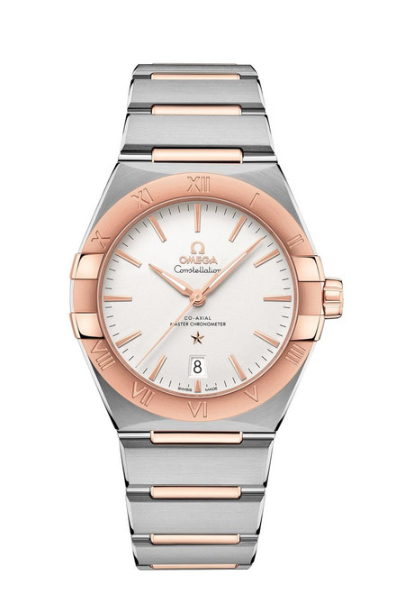 OMEGA Constellation co-axial Master Chronometer 39 mm watch, stainless steel and rose gold with white dial, Roman numeral bezel, date display at 6 o'clock, and bracelet designed with alternating steel and gold links.