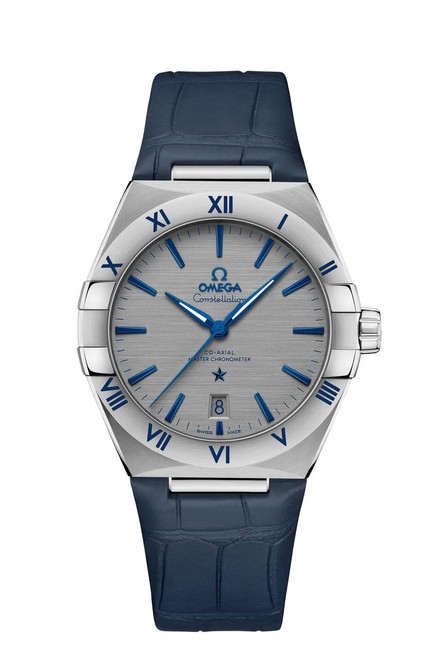 OMEGA Constellation co-axial Master Chronometer 39 mm watch, silver dial with blue Roman numerals and hands, blue leather strap, date display at 6 o'clock, and sporty design.