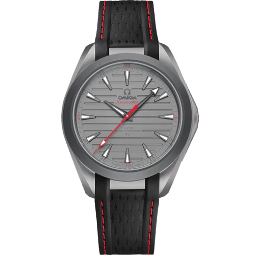 Omega Seamaster Aqua Terra 150M co-axial Master Chronometer 41 mm watch, silver dial with horizontal teak pattern, black strap with red stitching.