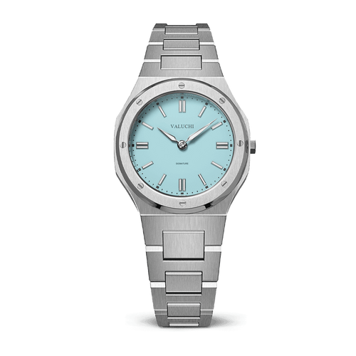 Valuchi Watches VALUCHI [ VT-31mm-ST ] - a stylish silver wristwatch with a light blue dial and silver hands and markers, featuring a stainless steel band and bezel, for elegant and modern wear.