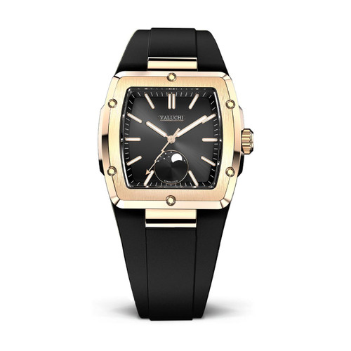 Valuchi Watches VALUCHI [ VT-EXP-RG ] - A luxury wristwatch with a black dial, gold-tone square bezel, and black strap, featuring a moon phase indicator and sophisticated design.