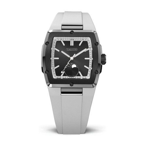 Valuchi Watches VALUCHI [ VT-EXP-GW ] modern men's wristwatch with black dial, silver case, and white strap.