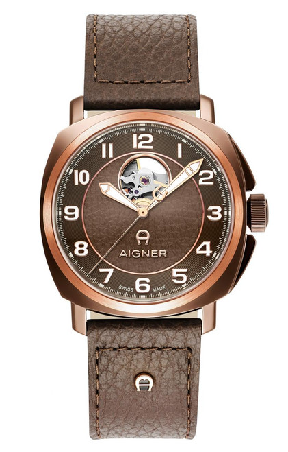 Aigner Watch, elegant luxury wristwatch with a brown textured dial, rose gold case, and leather strap.