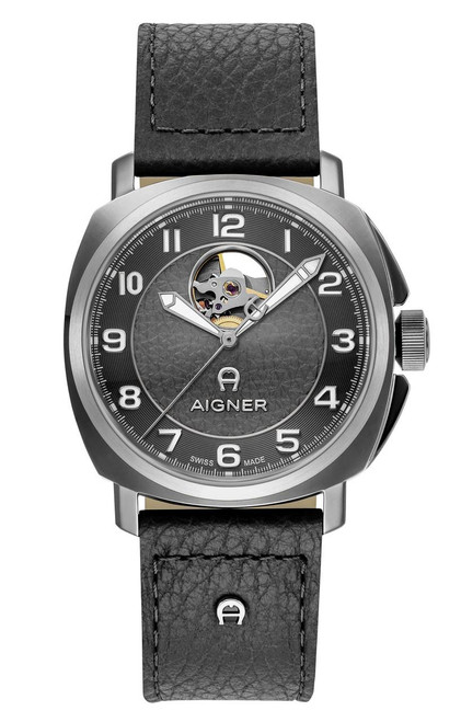 AIGNER Aigner Watch, men's luxury wristwatch with a gray textured dial, open-heart display showing the movement, silver-tone hands, and black leather strap.