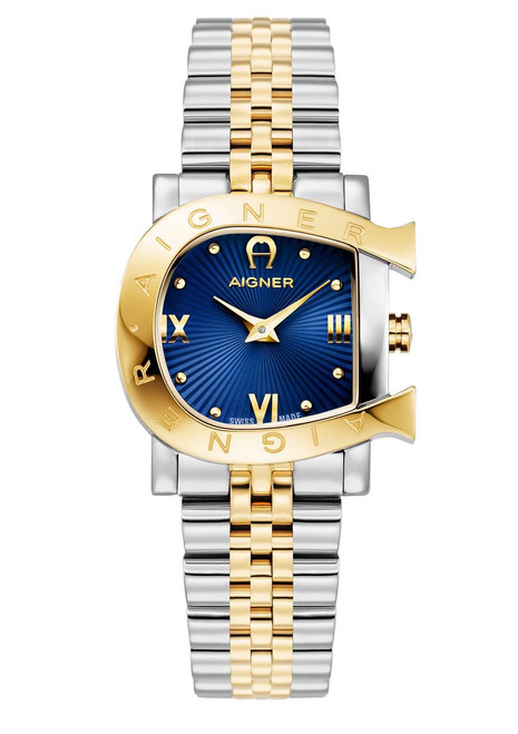 AIGNER Aigner Watch, luxury wristwatch with a blue dial, gold and silver two-tone bracelet, and a distinct gold bezel engraved with 'AIGNER' and 'GEN'.