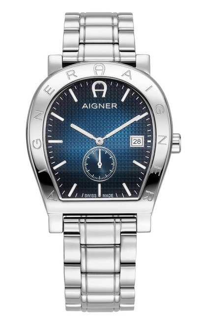 AIGNER Aigner Watch [AGW.269006], stainless steel wristwatch with a blue textured dial, date display, and chronograph subdial.