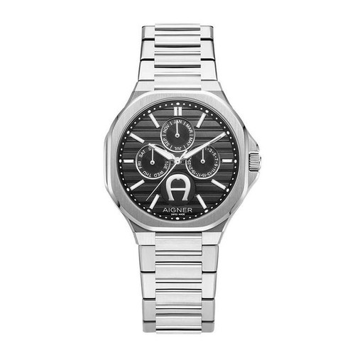 AIGNER Aigner Watch [AGW.266007], a sleek stainless steel wristwatch with a black dial, multiple subdials displaying day, date, and month, and the AIGNER logo prominently featured at the 6 o'clock position.