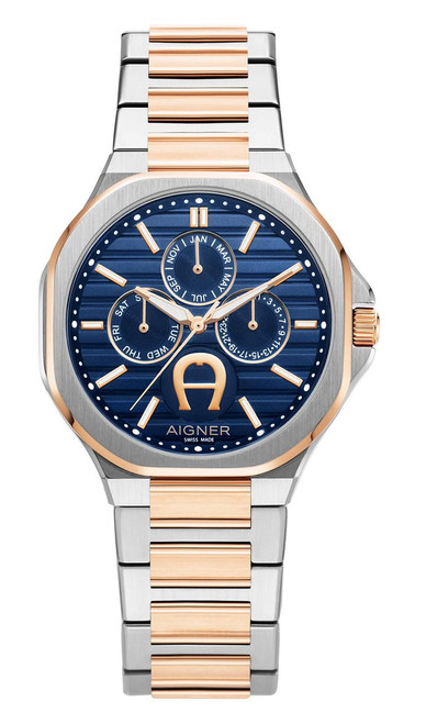 Aigner Watch, elegant wristwatch with a blue dial featuring multiple subdials and a combination of silver and rose gold-tone stainless steel bracelet.