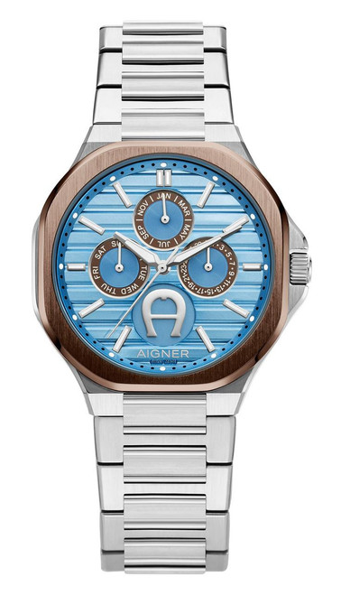 AIGNER Aigner Watch [AGW.266002], stylish wristwatch with blue dial, rose gold bezel, silver stainless steel bracelet, and multiple sub-dials displaying date, day, and month.