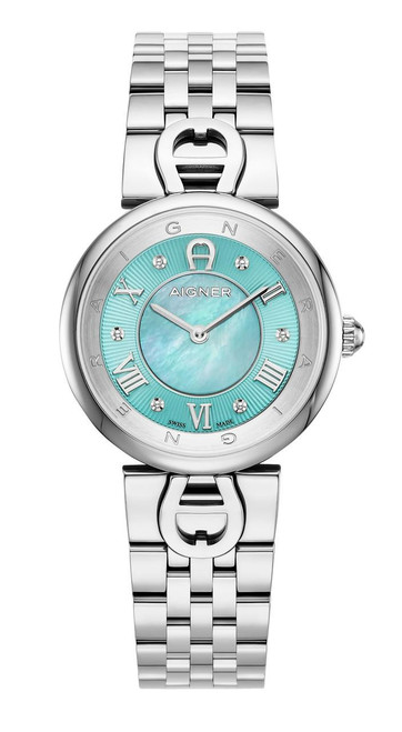 Aigner Watch, silver stainless steel bracelet with large round face featuring mother-of-pearl dial with turquoise accents, Roman numerals, and crystal markers.
