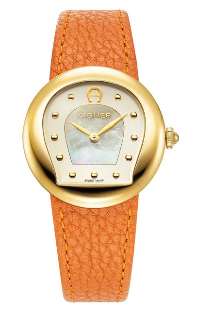 AIGNER Aigner Watch [AGW.263002], round gold-tone watch with an orange leather strap and mother-of-pearl dial featuring gold-tone hands and markers.