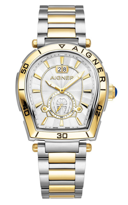 AIGNER Aigner Watch [AGW.262003], luxury men's watch with silver and gold-tone stainless steel bracelet, tonneau-shaped dial, analog display, date window, and chronograph features.