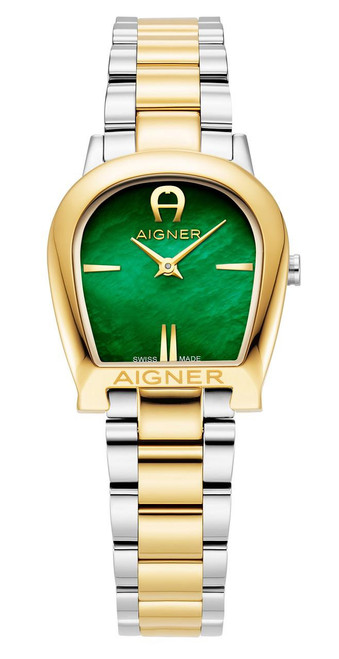 AIGNER Aigner Watch [AGW.250004], luxury wristwatch with green dial, gold-tone bezel, and two-tone stainless steel bracelet featuring gold and silver links.