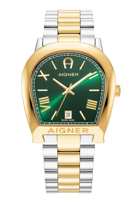 AIGNER Aigner Watch [AGW.247002], luxury men's wristwatch with a green dial, gold bezel, and a two-tone stainless steel bracelet.