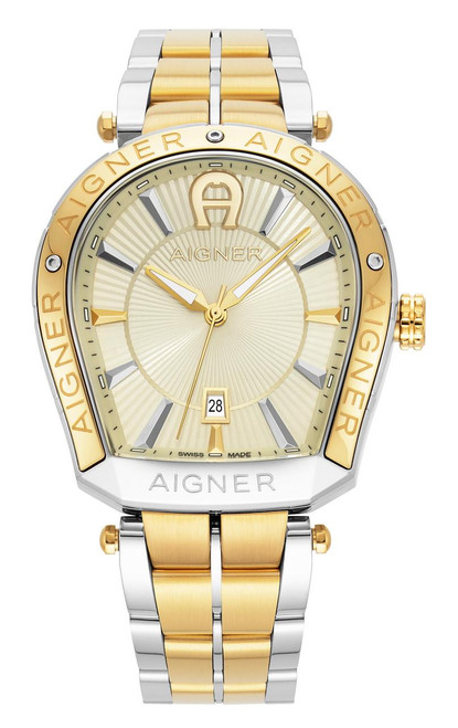 AIGNER Aigner Watch [AGW.246002], luxury wristwatch with a two-tone gold and silver stainless steel bracelet and case, beige dial with gold hour markers, date window, and chronograph features.