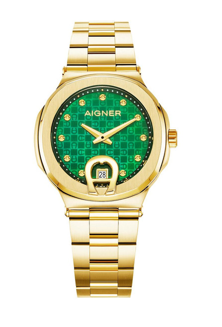 Aigner Watch, luxurious gold-tone wristwatch with a vibrant green patterned dial, gold accents, a date display at 6 o'clock, and a matching gold bracelet.