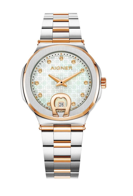 AIGNER Aigner Watch, luxury wristwatch with a silver and rose gold-tone stainless steel band, round dial with gold-tone accents, date display at the 6 o'clock position, and quartz movement.