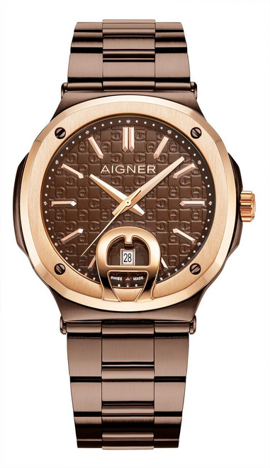 AIGNER Aigner Watch [AGW.241013], stylish men's wristwatch with a brown textured dial, gold-tone bezel, and matching metal bracelet.