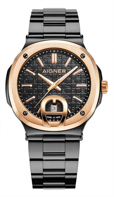 AIGNER Aigner Watch [AGW.241012], stylish men's watch with a black and rose gold-tone stainless steel bracelet and case, black textured dial with rose gold-tone hands and hour markers, date display at 6 o'clock, and Swiss made quality.