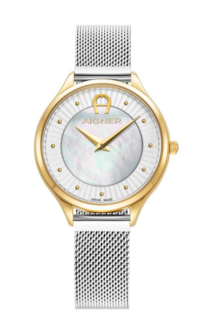 AIGNER Aigner Watch [AGW.233003], elegant wristwatch with a gold and silver case, mother of pearl dial, and mesh strap.