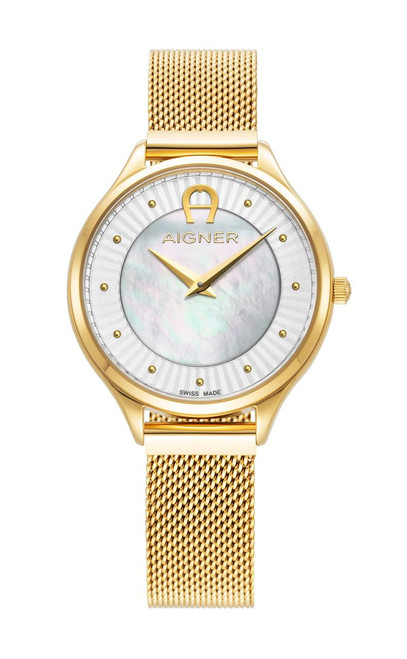 Aigner Watch, gold-tone wristwatch with a mother-of-pearl dial and mesh strap.