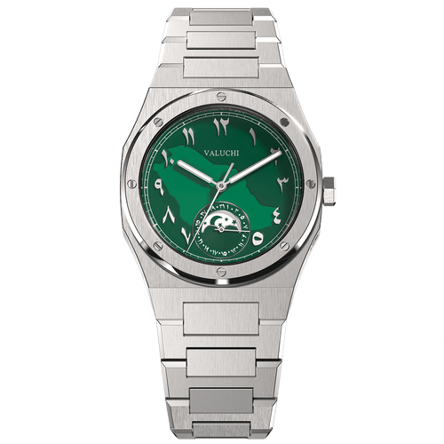 Valuchi Watches, men's stainless steel wristwatch with a green dial featuring Arabic numerals, moon phase and date subdials, and a silver strap.