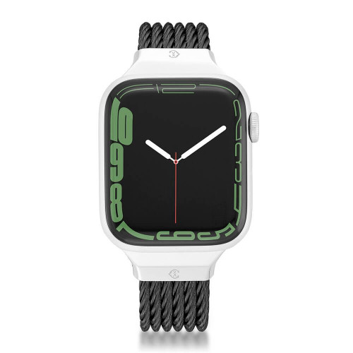 CHARRIOL Celtic Black PVD Steel Cable Band 44mm for Apple Watch – Medium, a black woven steel watch band attached to an Apple Watch with a black face and green accents.