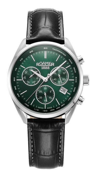 Roamer Watch, men's chronograph watch with green dial, silver case, black leather strap, and multiple sub-dials including date display