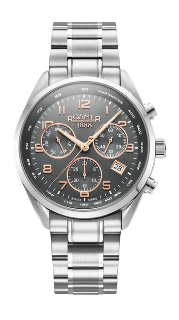 Roamer Watch, stainless steel chronograph wristwatch with black dial, rose gold accents, date window, and tachymeter scale.