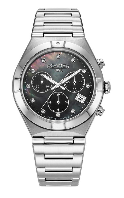 Roamer Watch [987837 41 80 20], a luxury luxury silver stainless steel watch with a dark mother-of-pearl dial, chronograph features, diamond hour markers, and a date display.