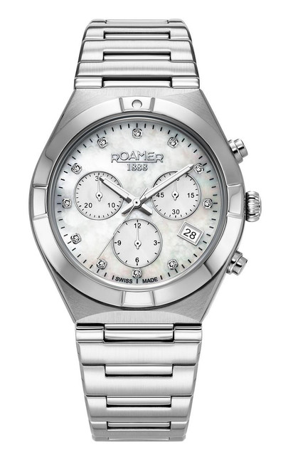 Roamer Watch, luxury men's stainless steel wristwatch with chronograph features and Mother of Pearl dial.