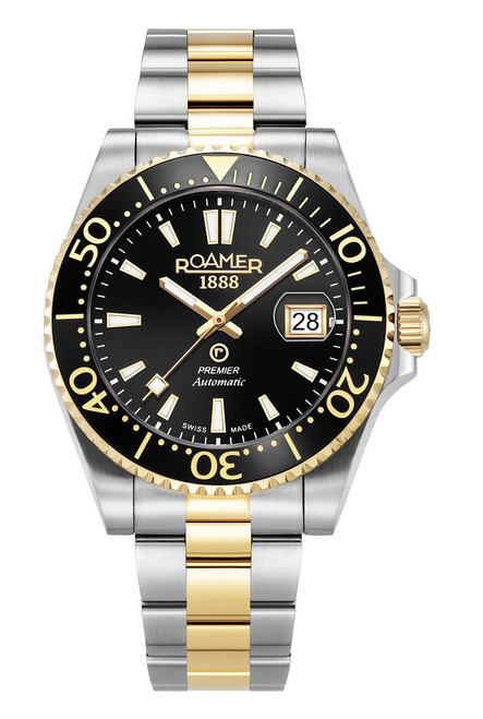 ROAMER WATCH, luxury men's automatic two-tone stainless steel and gold wristwatch with black dial, luminous hands, date display, and rotating bezel.