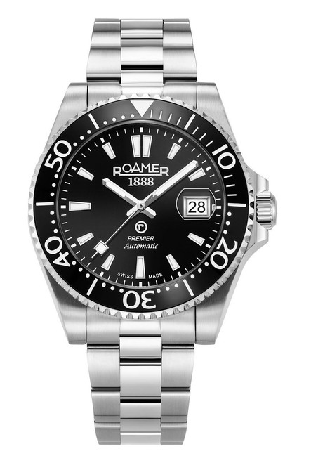 ROAMER WATCH, stainless steel sport watch with black dial, luminous hands and markers, date display at 3 o'clock, rotating bezel, and metal bracelet.