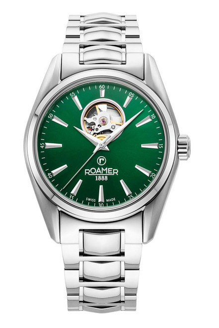 ROAMER WATCH, men's luxury stainless steel wristwatch with green dial and partial open-heart display