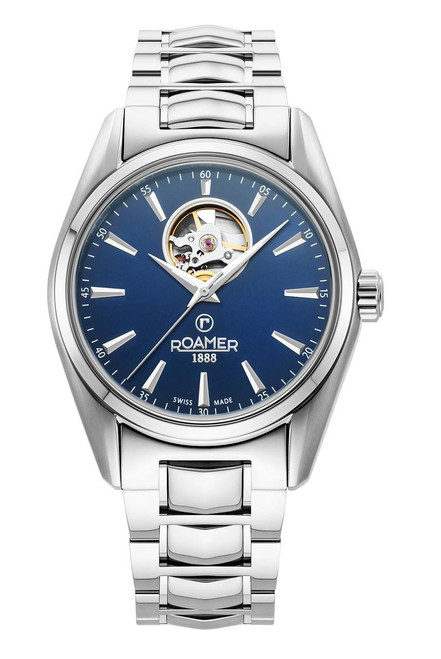 ROAMER WATCH [984985 41 45 20], a stainless steel wristwatch with a blue dial, open-heart design showing its movement, and a polished metal bracelet.