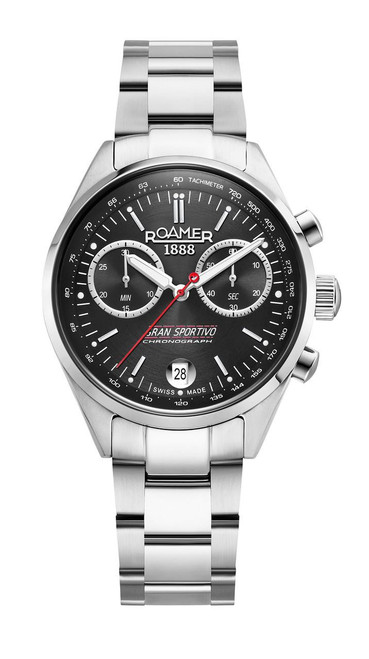 Roamer Watch, stainless steel chronograph wristwatch with black dial, tachymeter scale, date display, and silver metal bracelet.