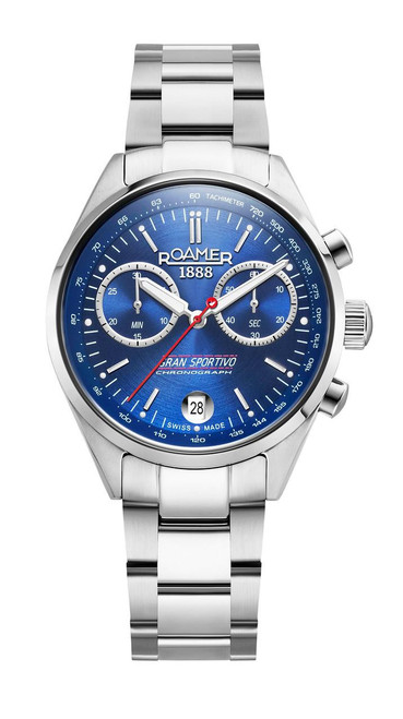 ROAMER WATCH [978818 41 45 20], a stainless steel chronograph watch with a blue dial, silver-tone hands and markers, tachymeter scale around the bezel, and a date display at the 6 o'clock position.