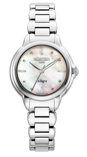 Roamer Watch, silver stainless steel wristwatch with a mother-of-pearl dial, three hands, and a polished link bracelet.
