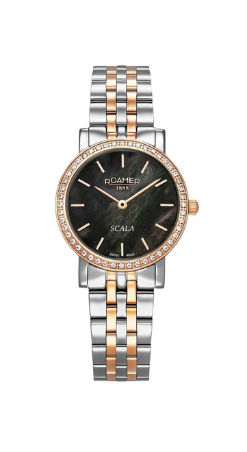 Roamer Watch, luxury wristwatch with black dial, rose gold and silver stainless steel bracelet, and diamond-studded bezel.
