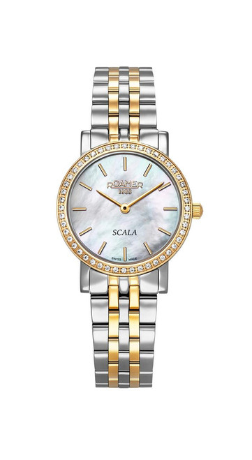ROAMER WATCH [976830 47 20 50], Elegant two-tone women's watch with mother-of-pearl dial, diamond-encrusted bezel, and stainless steel and gold bracelet.