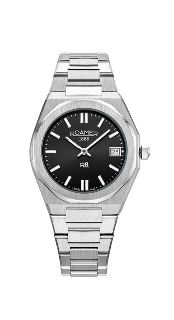 ROAMER WATCH [972857 41 85 20], a sleek stainless steel wristwatch with a black dial, white hour markers, date display at 3 o'clock, and a modern design.