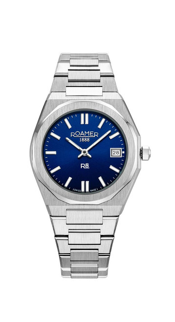 Roamer Watch, a stainless steel wristwatch with a blue dial, date display at 3 o'clock, and silver hour markers and hands.