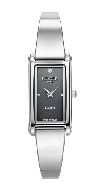 Roamer Watch, sleek silver rectangular women's wristwatch with a minimalist black dial, diamond accents, and stainless steel strap, Swiss made.