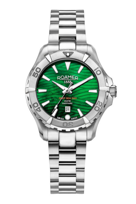 Roamer Watch, stainless steel sports watch with green dial featuring bold hour markers and date display.